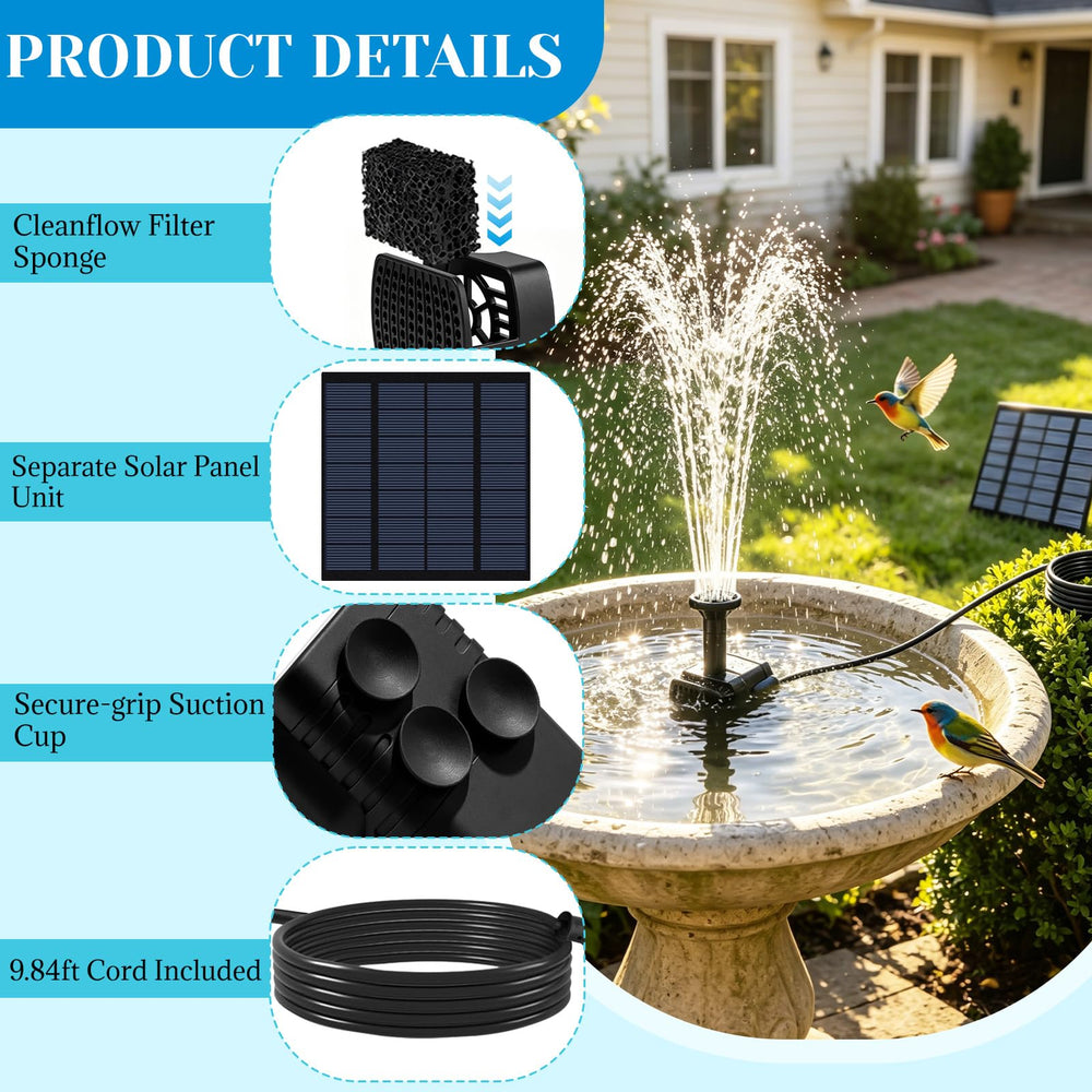 Jbobbju Solar Fountain Pump with 9.84ft long cord