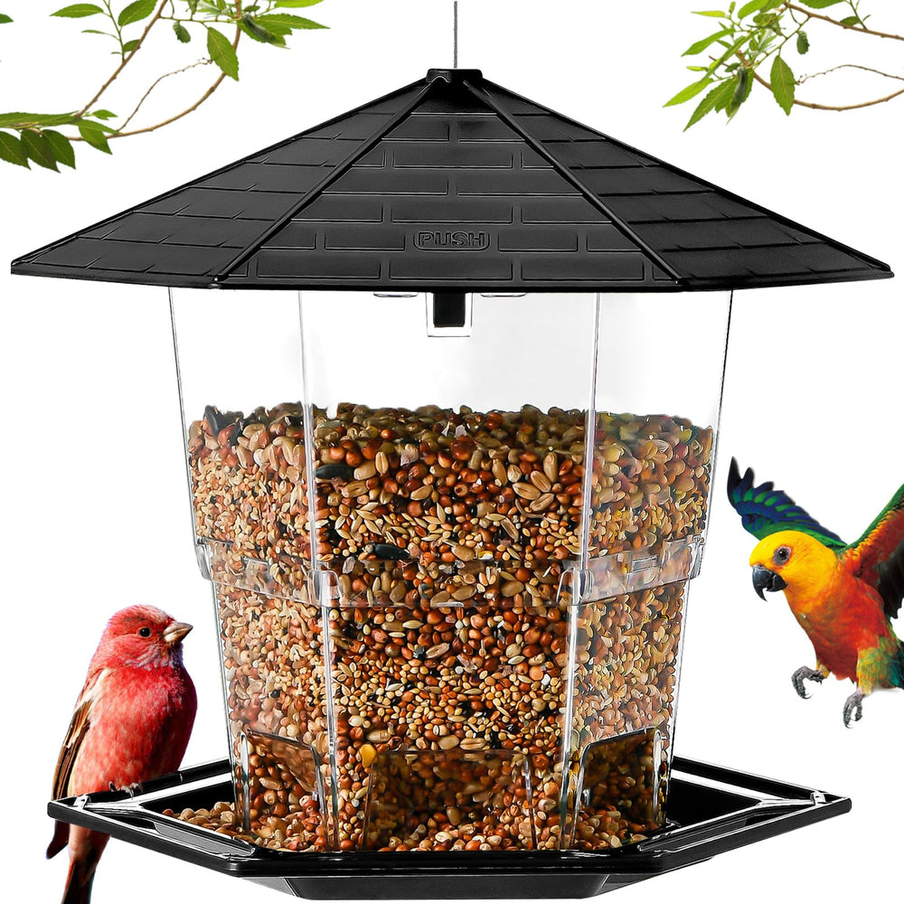 Jealoeur Bird Feeder black model front view with hexagonal roof