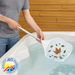 JED Pool Tools skimmer net cleaning debris from a hot tub