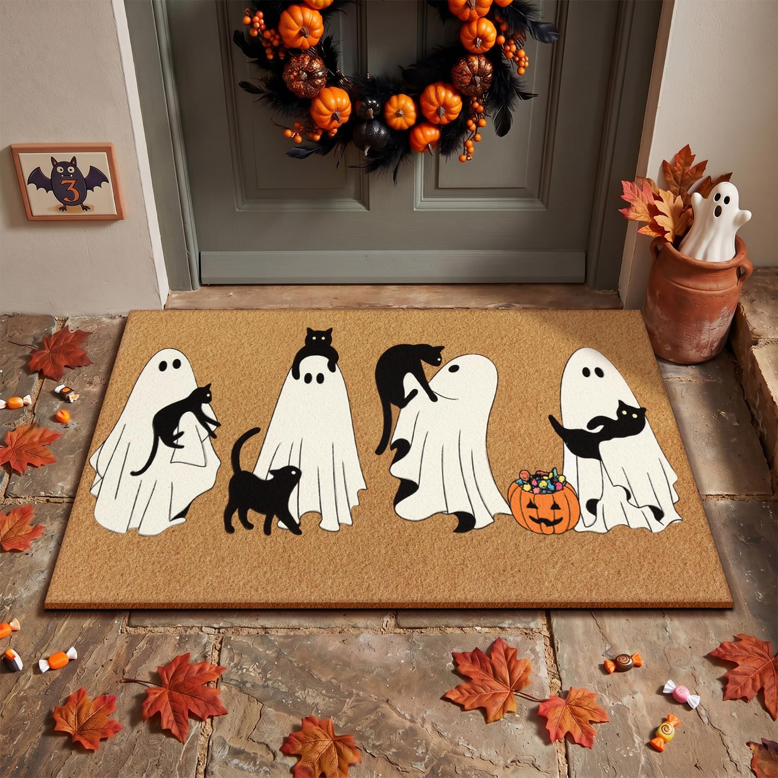 Jenaai Halloween Doormat showcasing playful ghost figures and cats