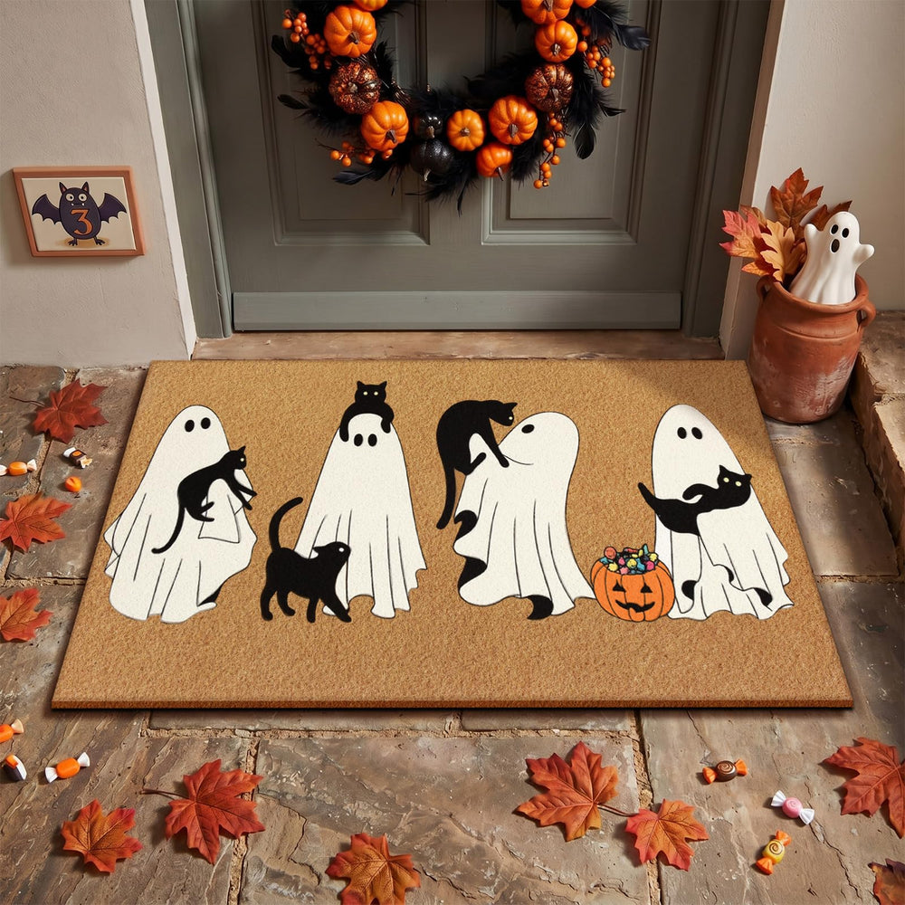 Jenaai Halloween Doormat showcasing playful ghost figures and cats