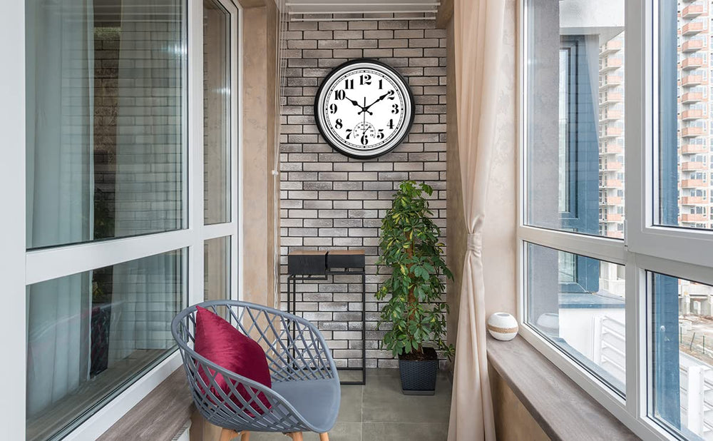 JENLYSTIME wall clock mounted on a patio wall