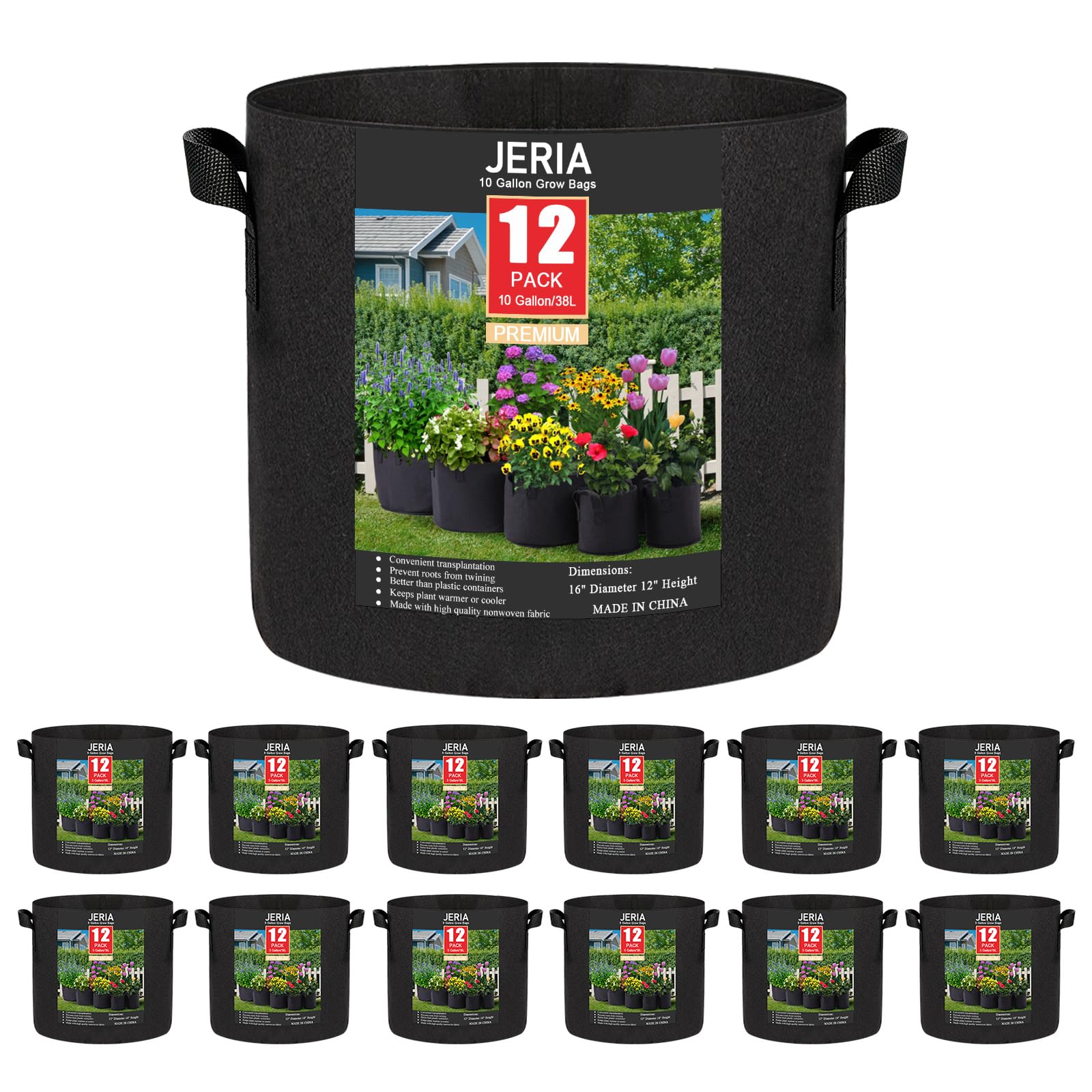 JERIA 12-Pack 10 Gallon Grow Bags, black fabric with handles