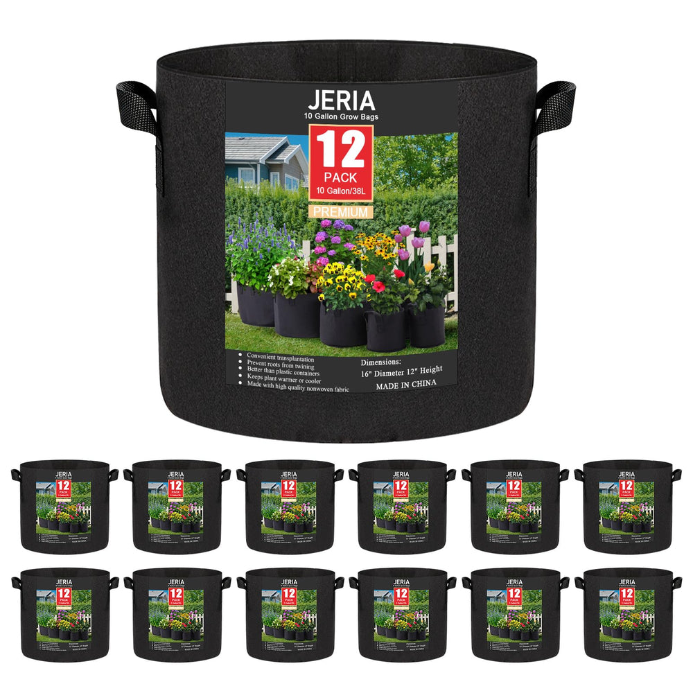 JERIA 12-Pack 10 Gallon Grow Bags, black fabric with handles