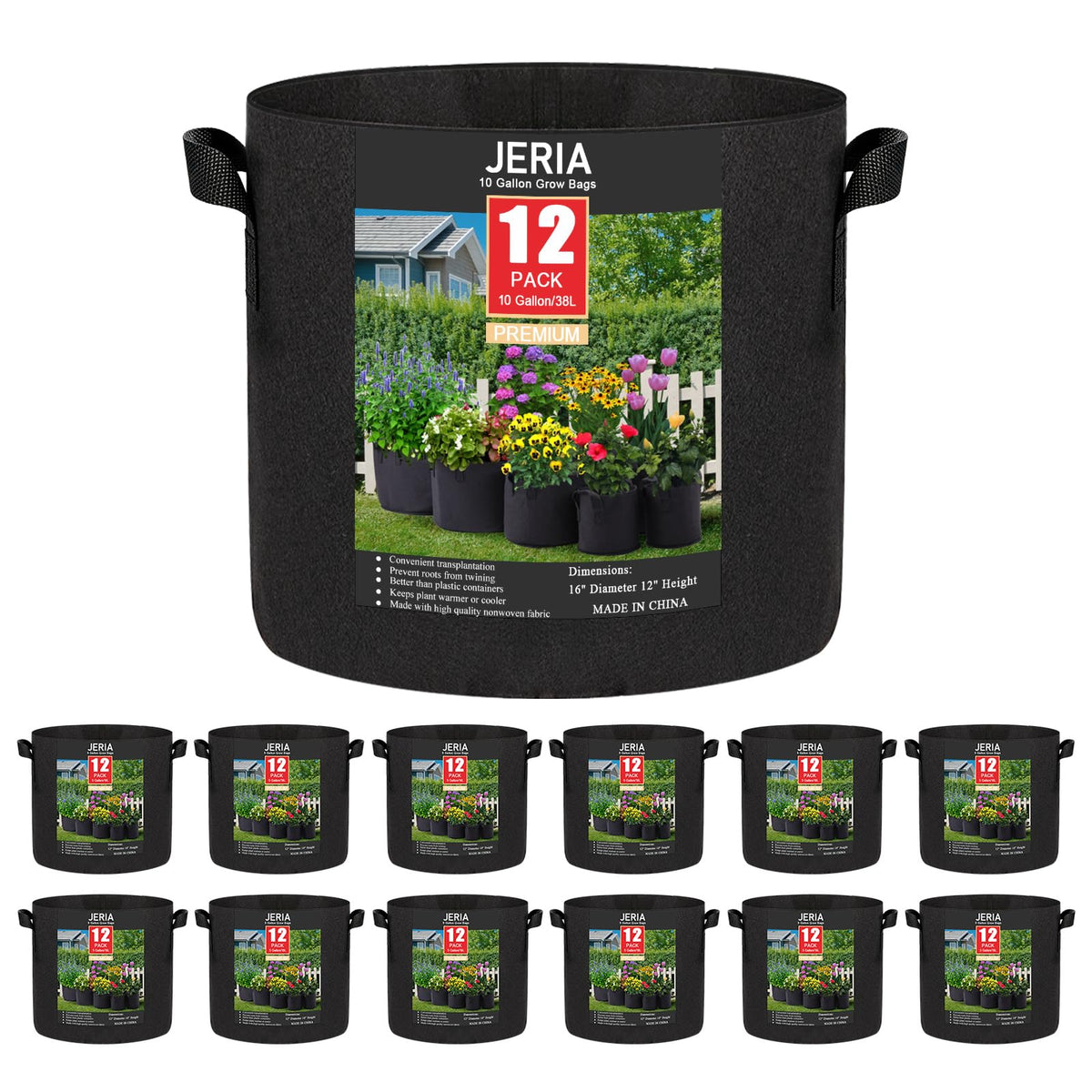 JERIA 12-Pack 10 Gallon Grow Bags, black fabric with handles