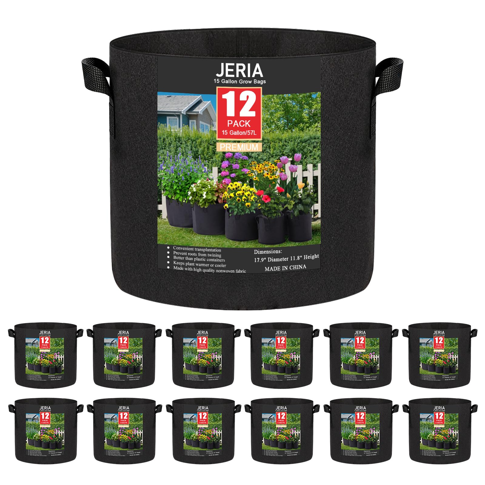 JERIA 15 Gallon Grow Bags front view with reinforced handles