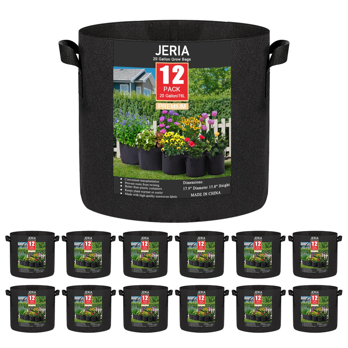 JERIA 20 Gallon Grow Bag front view with clear label