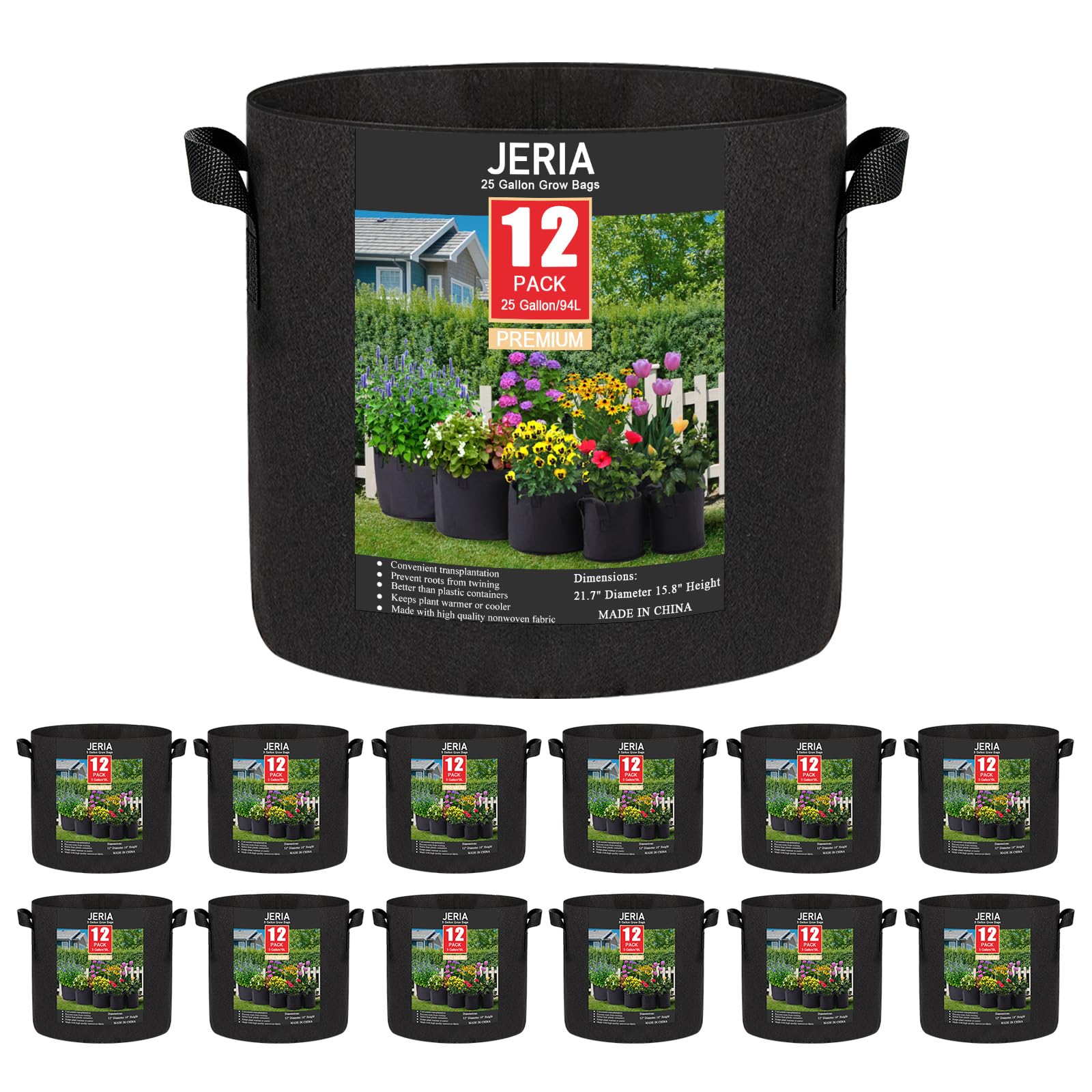 JERIA 25 Gallon Grow Bag front view with clear design