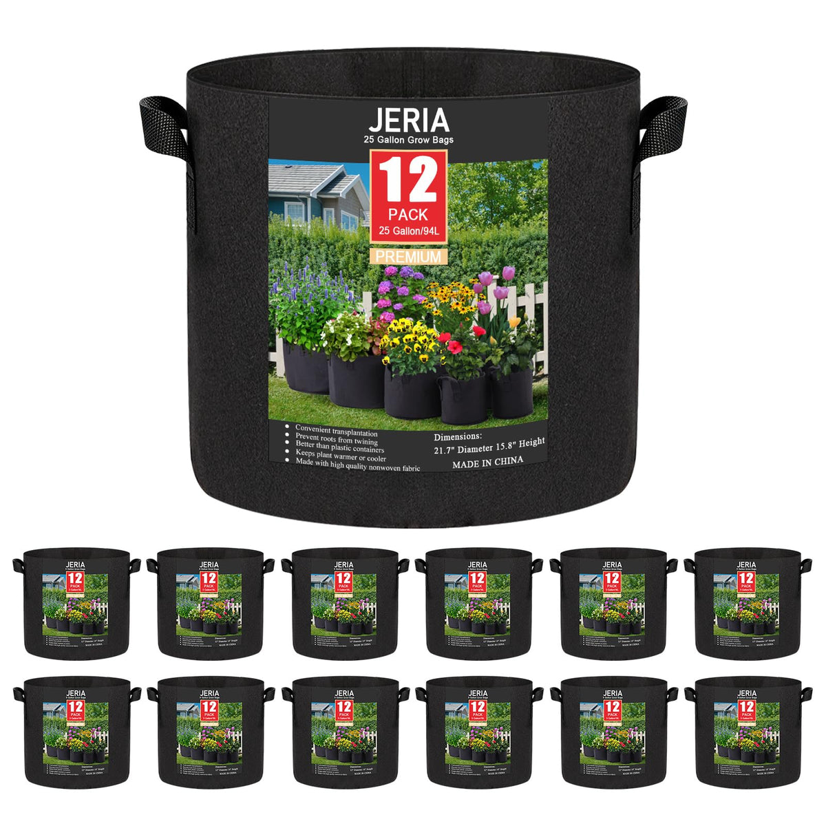 JERIA 25 Gallon Grow Bag front view with clear design