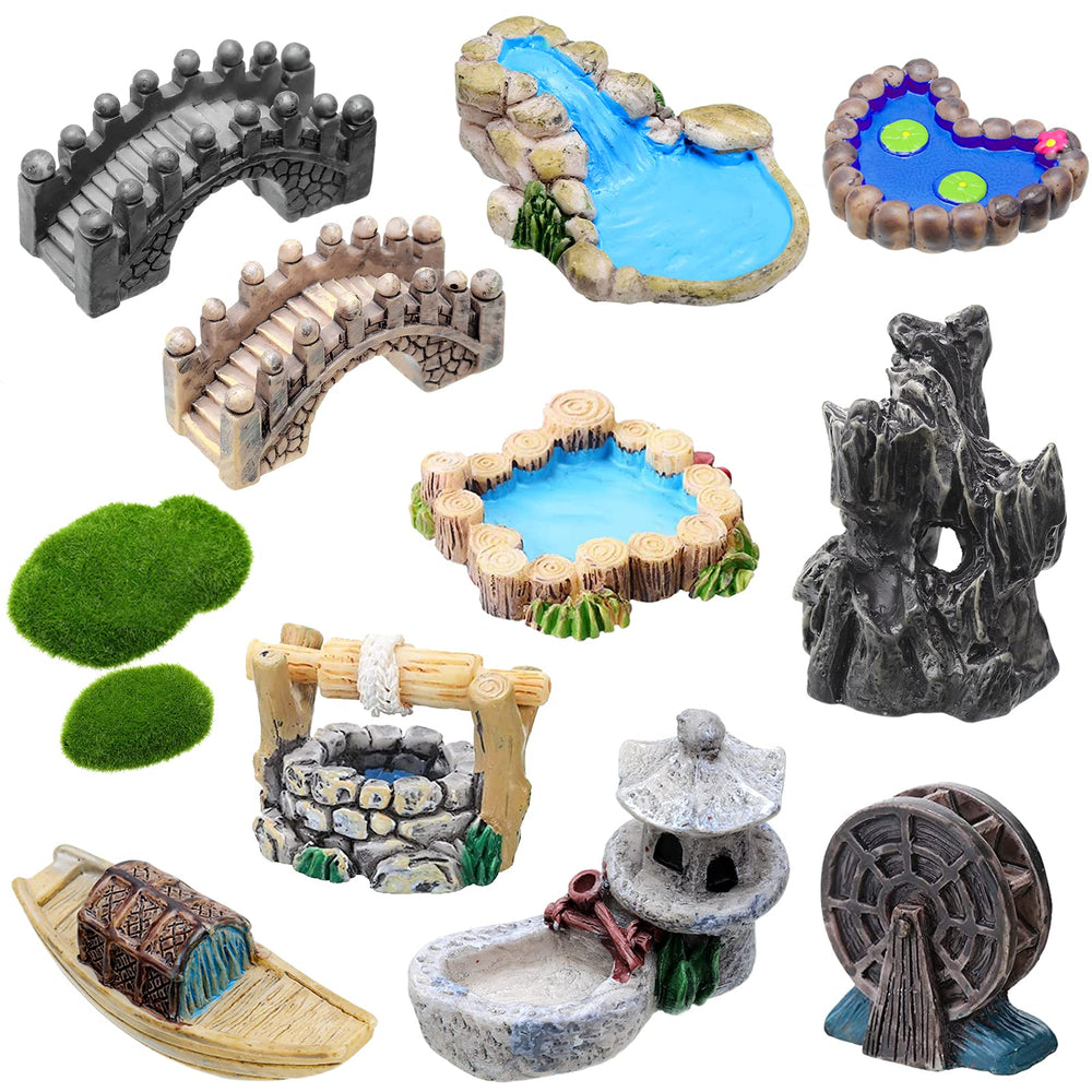 Jetec 12 Pcs Mini Water Well Fairy Garden Accessories set displayed