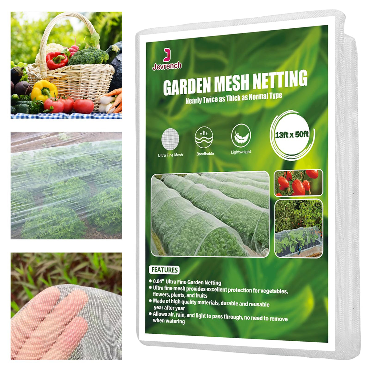 Jevrench 13 x 50 ft garden netting in white color, front view