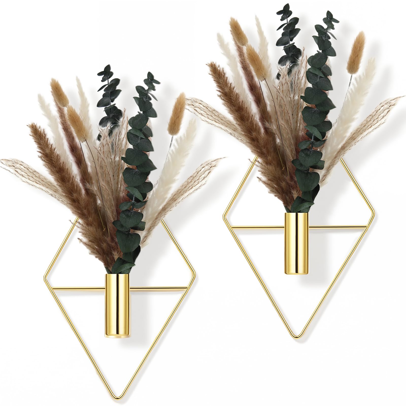 Jexine golden hanging planter with artificial pampas grass front view