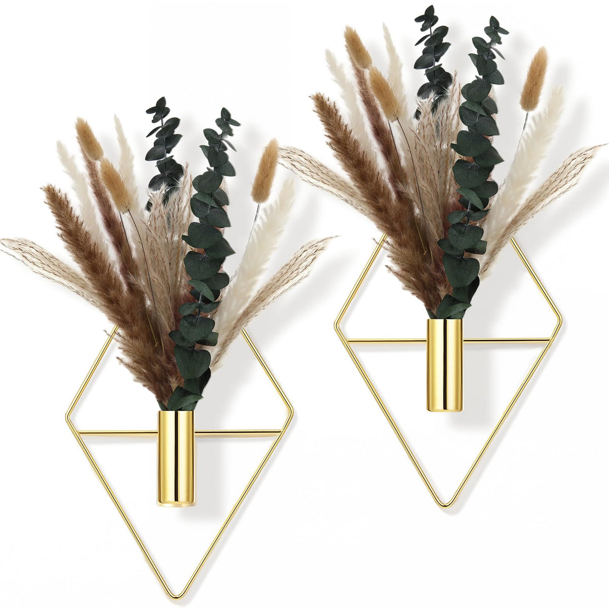Jexine golden hanging planter with artificial pampas grass front view