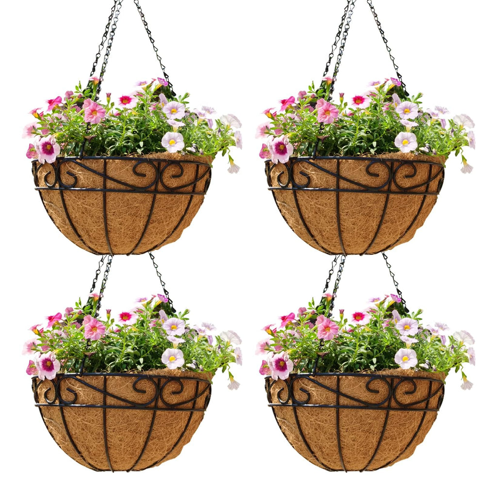 JFFLYIT 12 inch metal hanging basket front view with coco liner