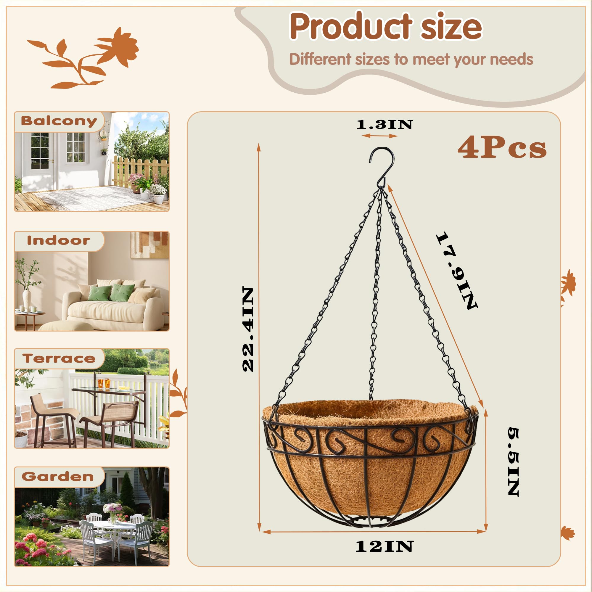 JFFLYIT 12 inch metal hanging planter with flowers