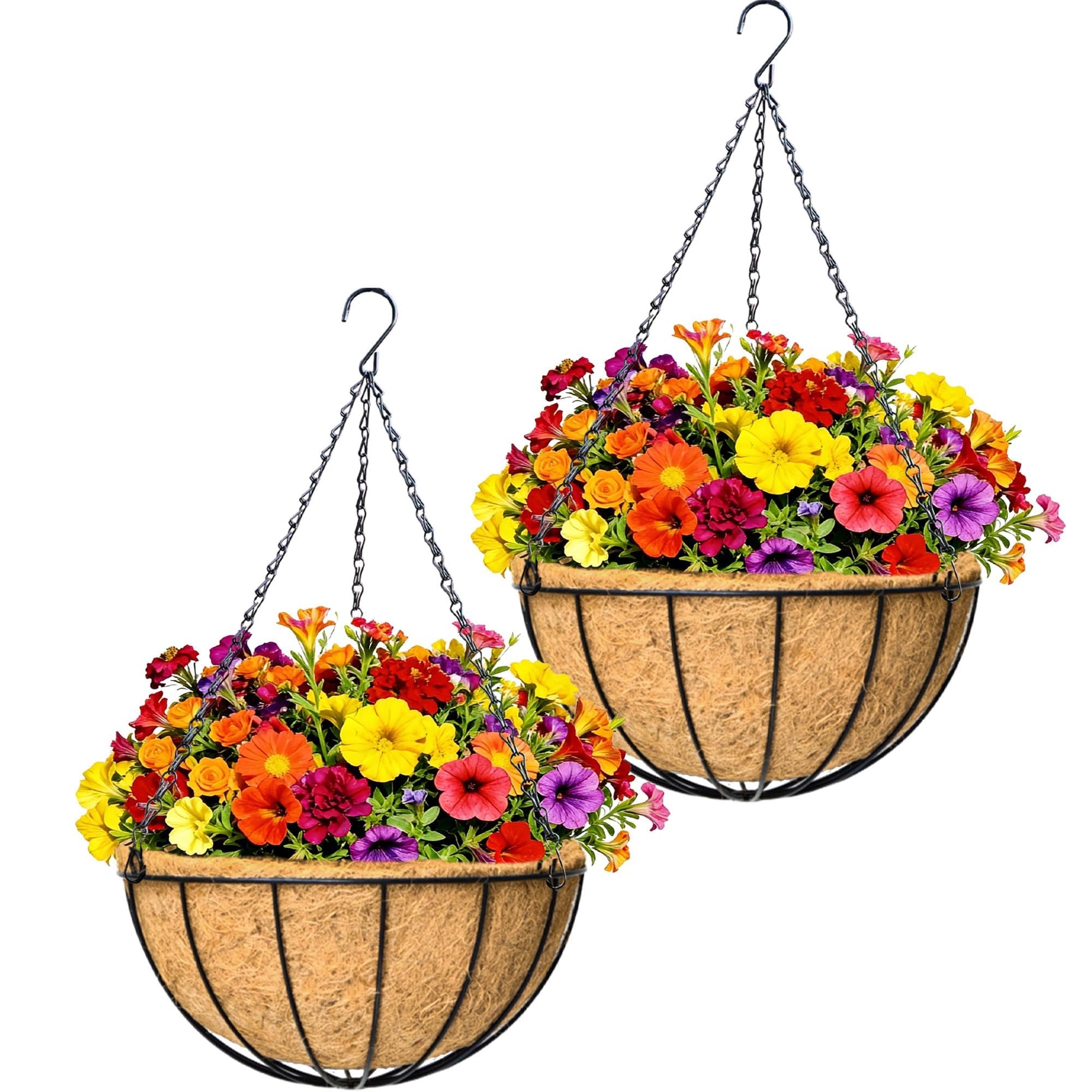 JFFLYIT 12-inch round metal hanging basket front view with coconut fibre