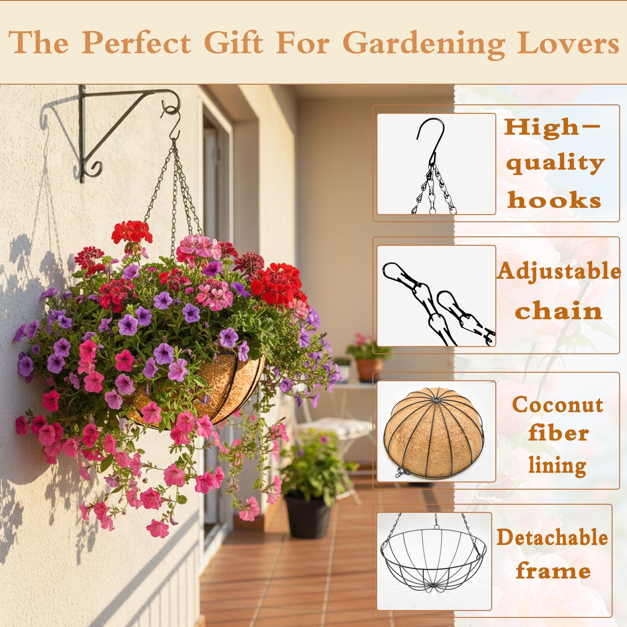 JFFLYIT hanging basket with metal chains and coconut lining
