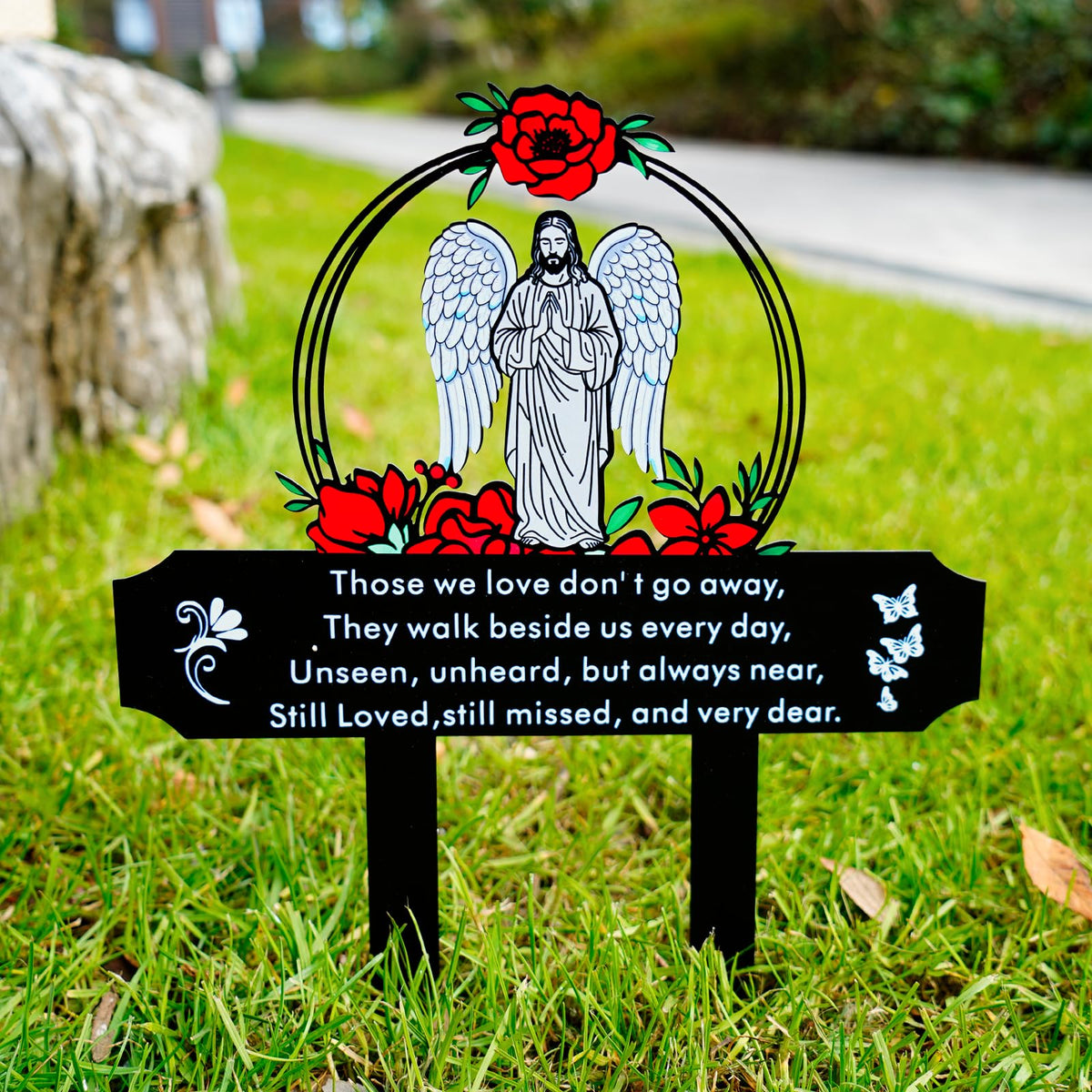 Jiasku Memorial Grave Stake with Jesus and Roses front view