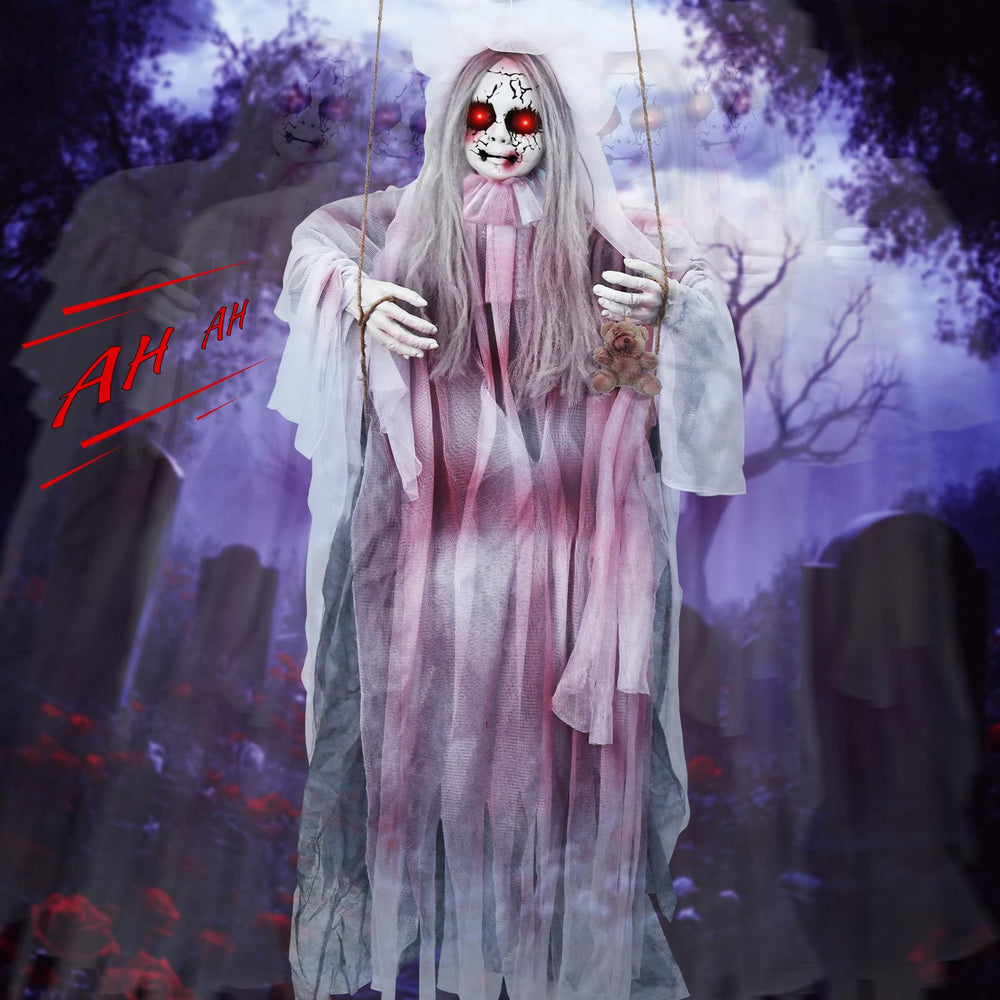 Jibeufi Creepy Halloween Hanging Ghost Girl front view with LED eyes