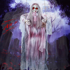 Jibeufi Creepy Halloween Hanging Ghost Girl front view with LED eyes