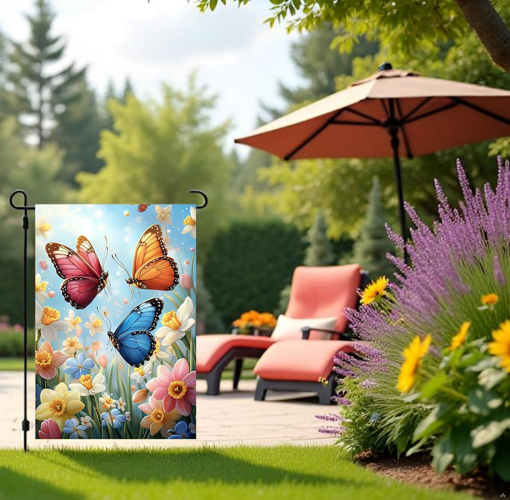 JIGINOFV Butterfly Garden Flag on a standard flag stand in garden