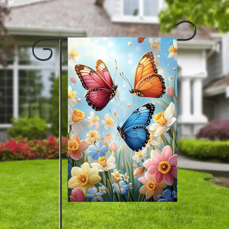 JIGINOFV Butterfly Garden Flag with spring flowers and butterflies design