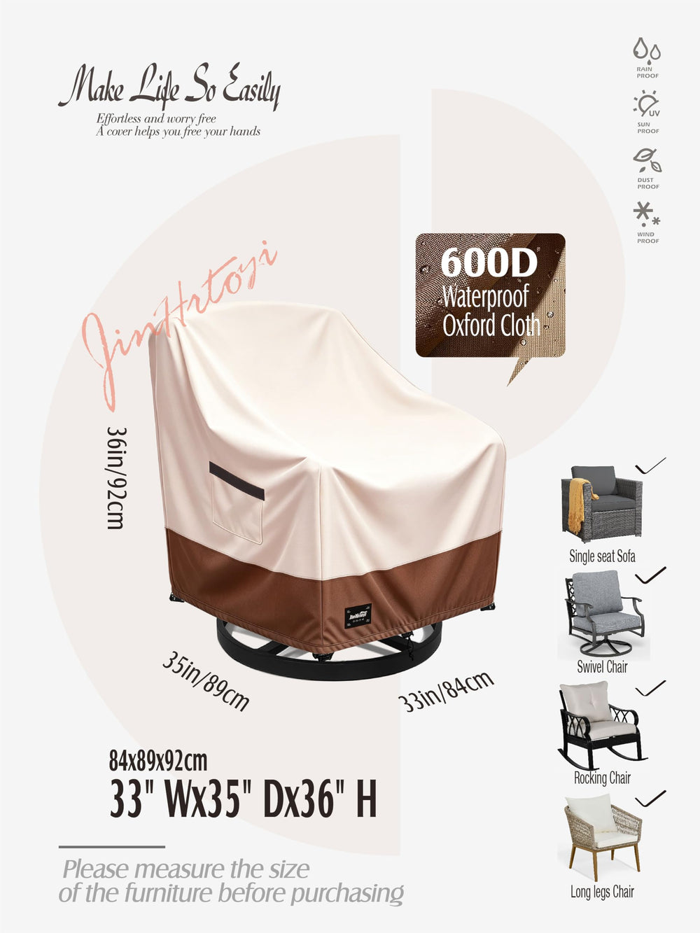 Jin Hrtoyi Outdoor Chair Covers side view showing waterproof fabric