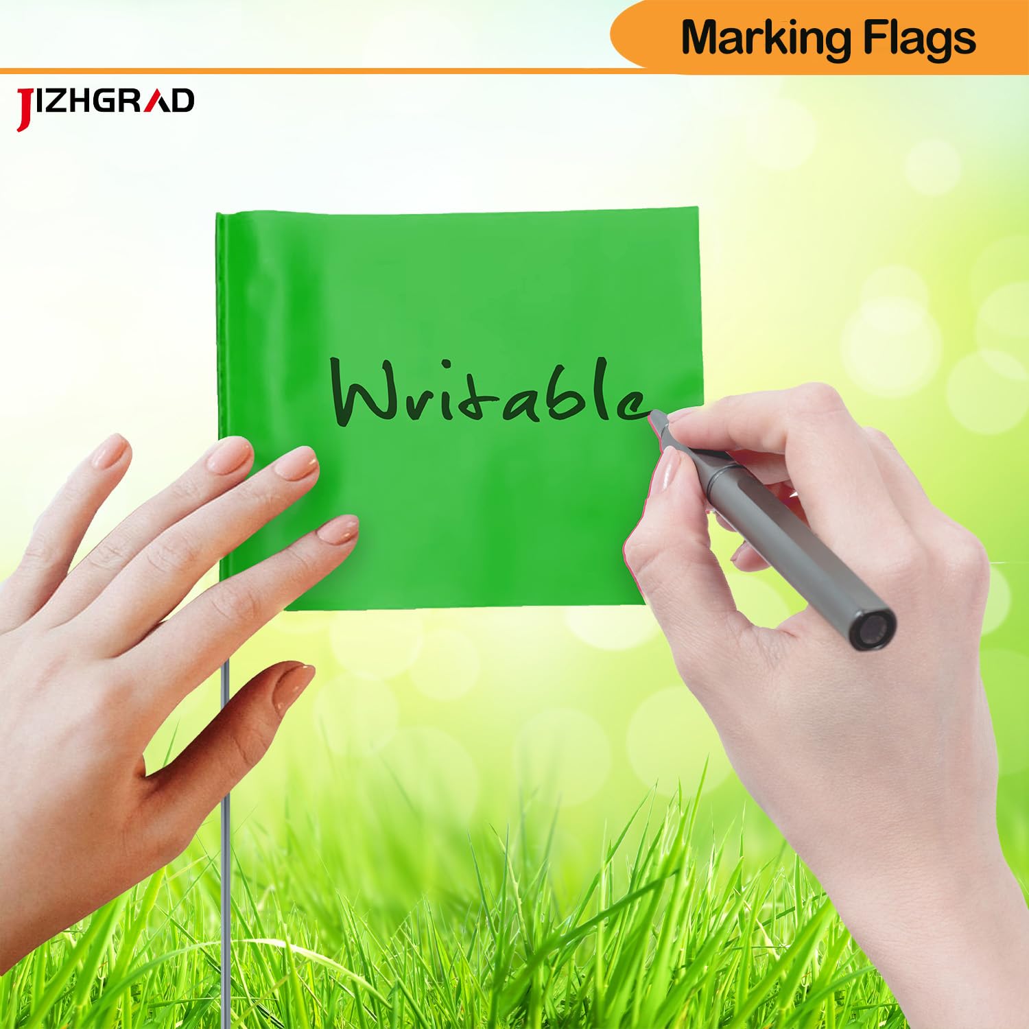 JIZHGRAD marking flags in use at a construction site for boundary marking