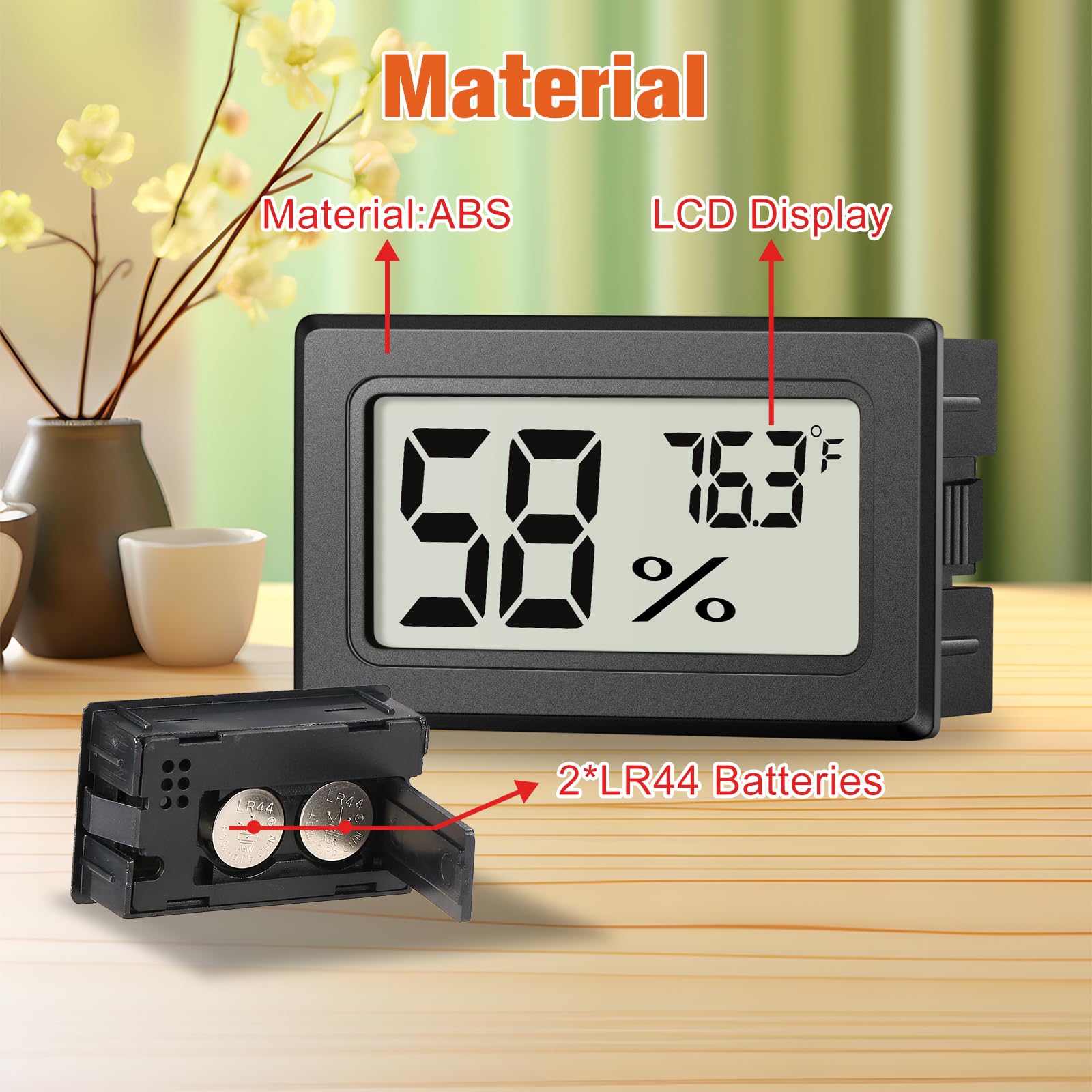 JJMTDS Mini Hygrometer showing compact design on a desk