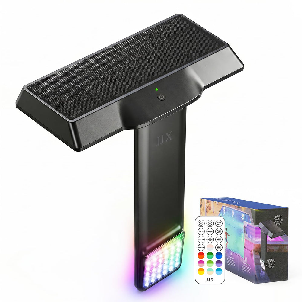 JJX Solar Pool Light, black model with solar panel
