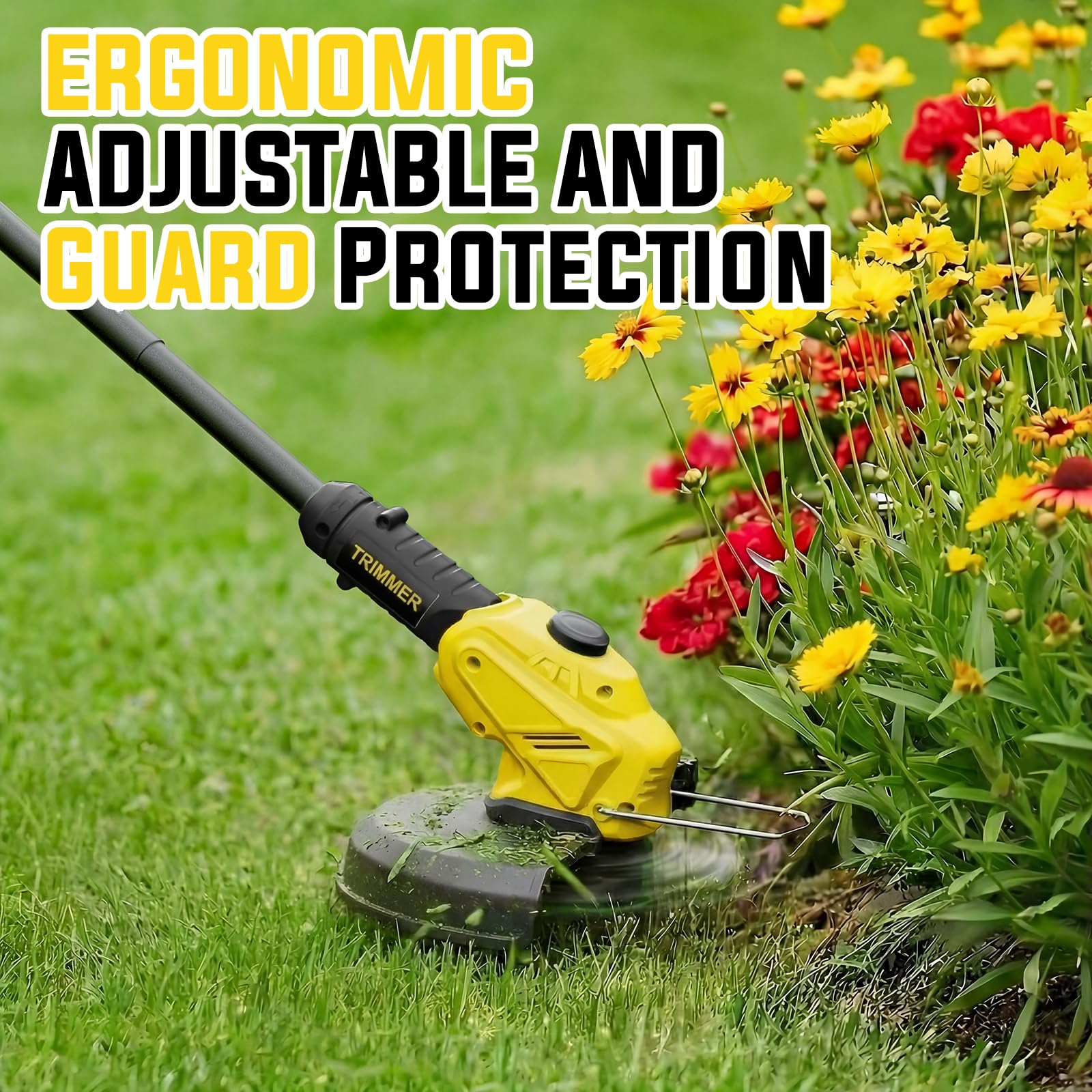 JKLARI Weed Wacker display with included batteries and safety features