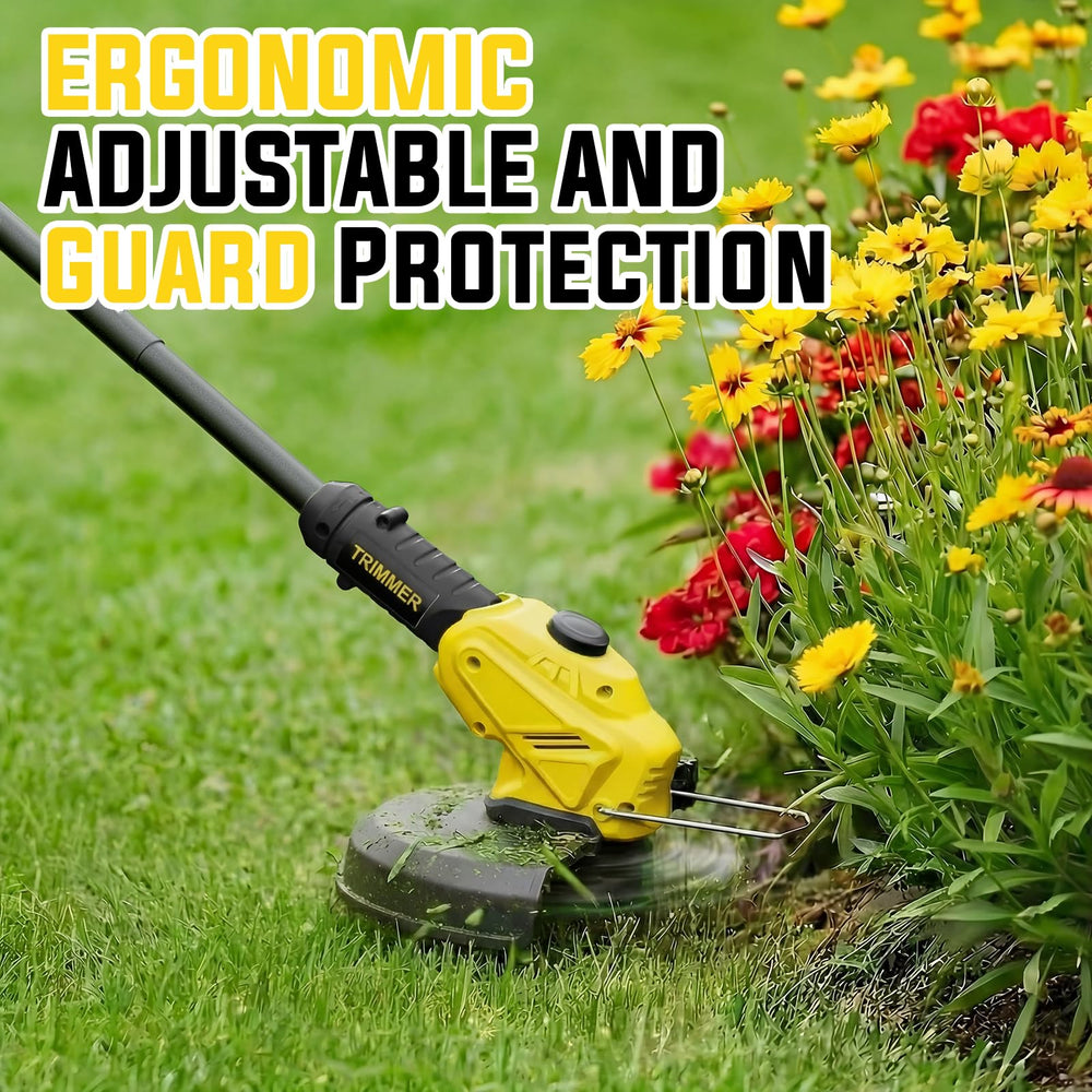 JKLARI Weed Wacker display with included batteries and safety features