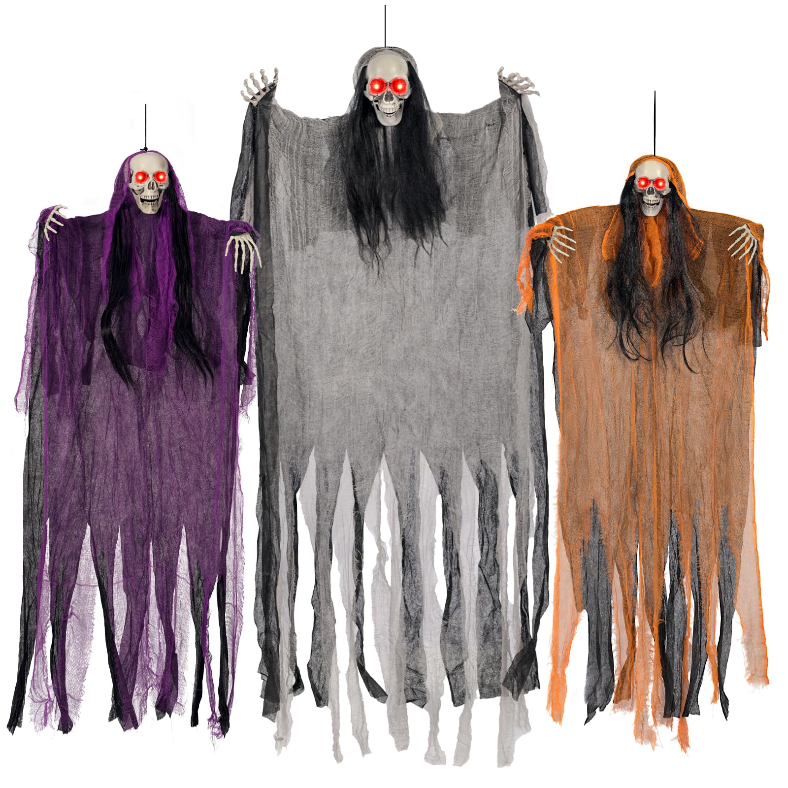 Jkoeier 3 pack Halloween skeleton ghosts with glowing eyes