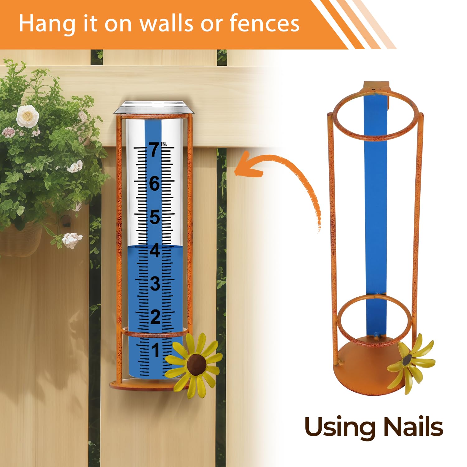 JMBay rain gauge next to flowers for height reference