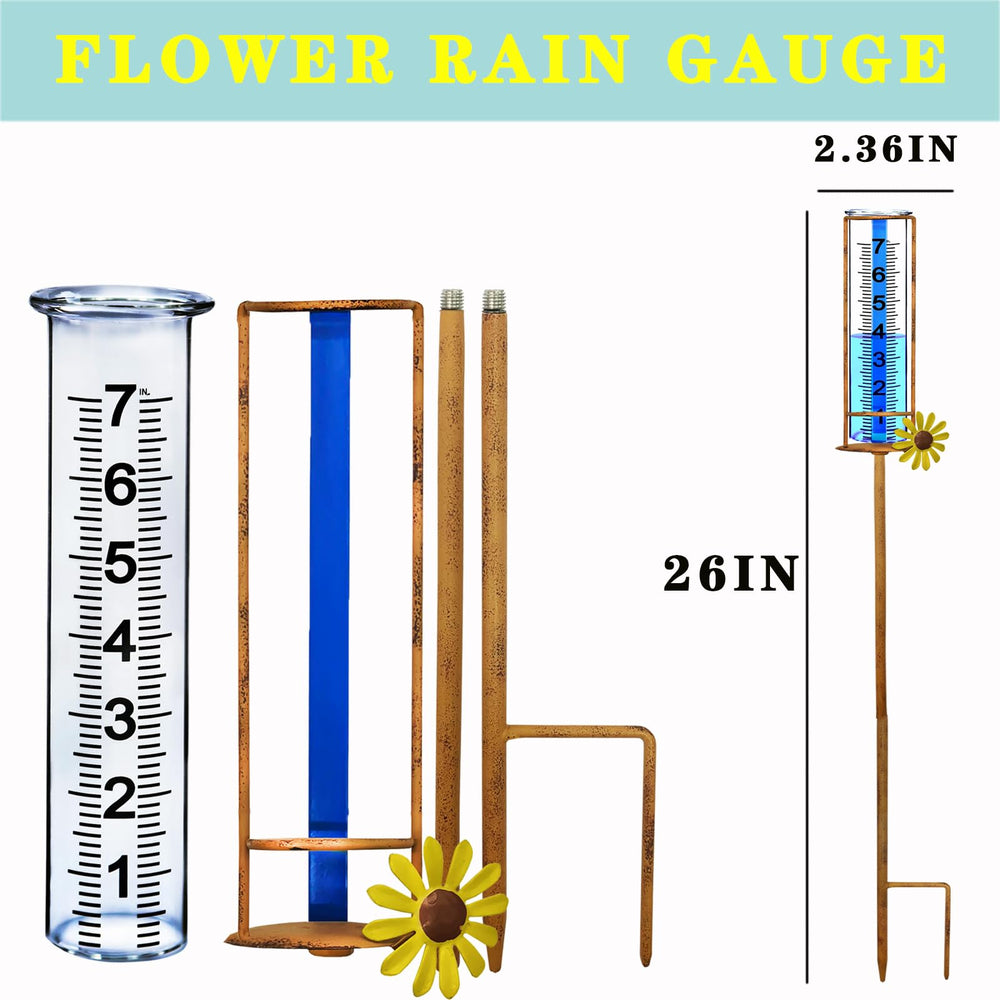 JMBay rain gauge with metal stake in garden setting