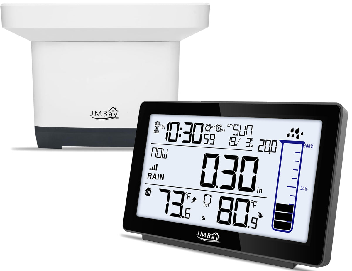 JMBay Wireless Rain Gauge front view with digital display
