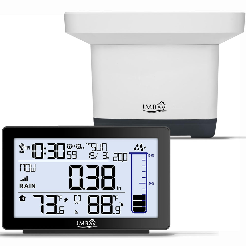 JMBay Wireless Rain Gauge front view with digital display