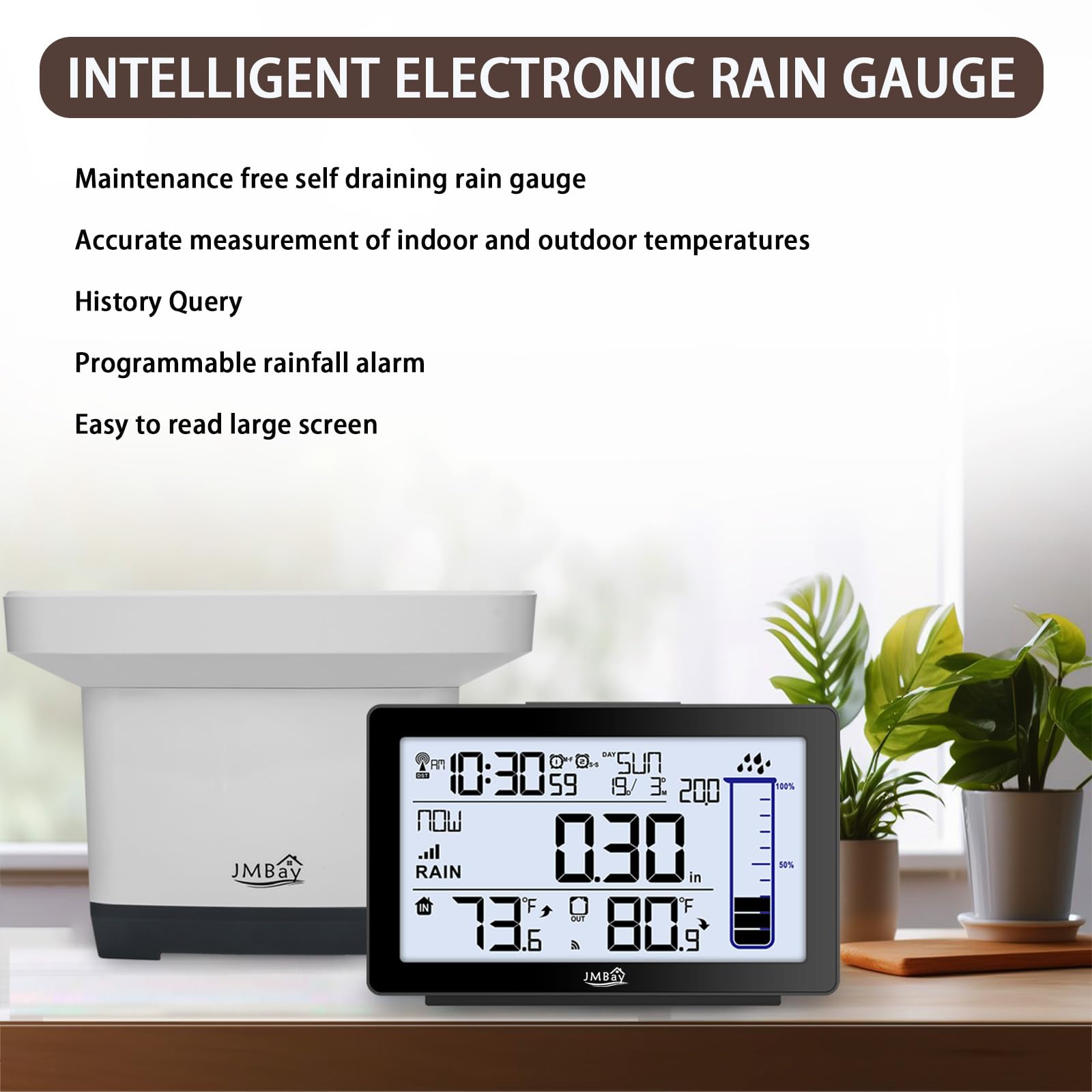 JMBay Wireless Rain Gauge indoor display with temperature