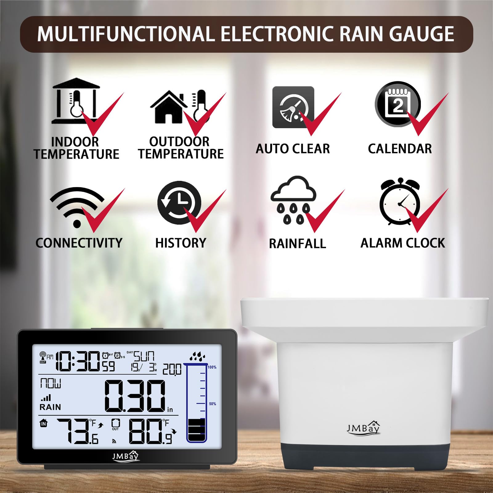 JMBay Wireless Rain Gauge with dual alarm clock feature