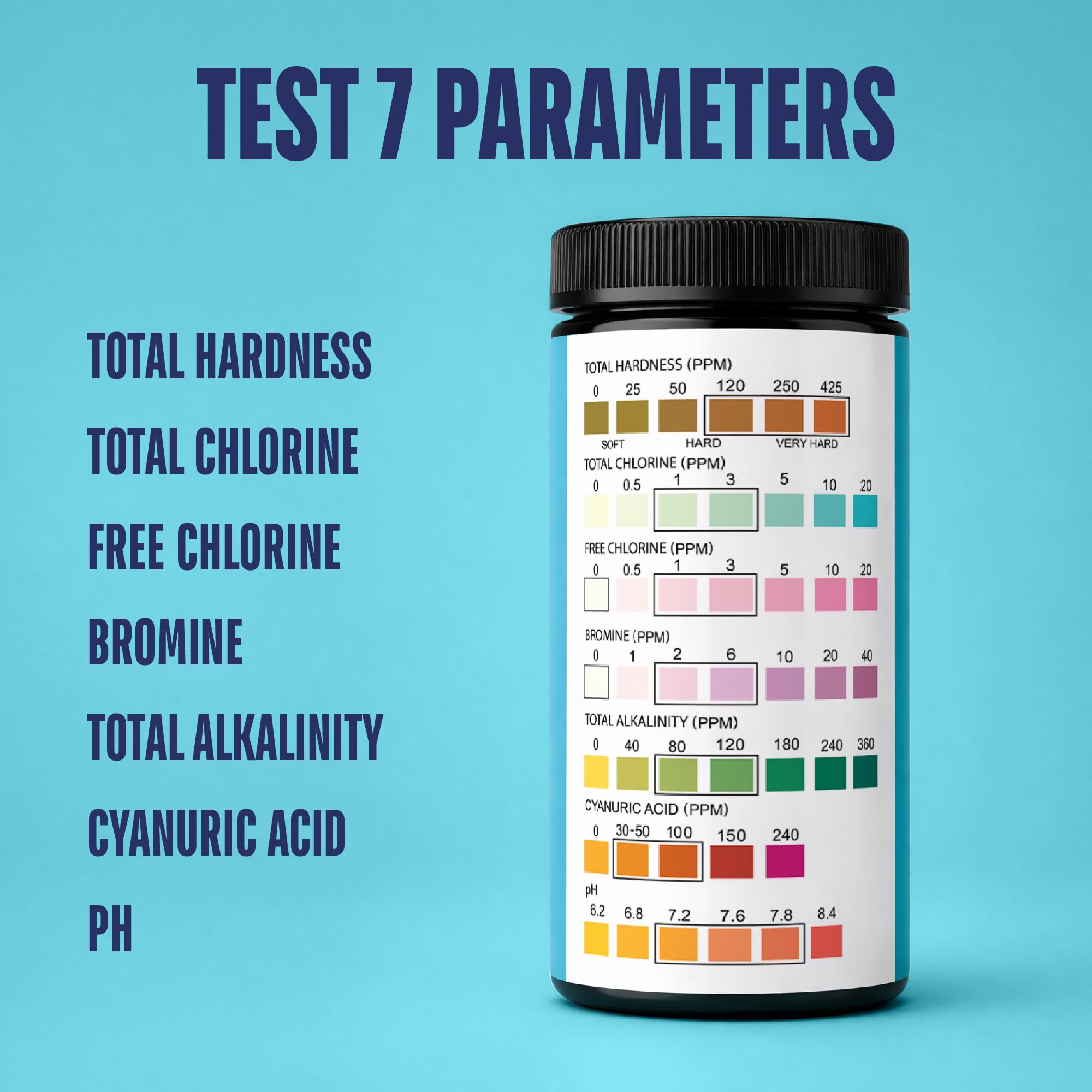 JNW Direct Pool Test Strips 150 Pack with pool background