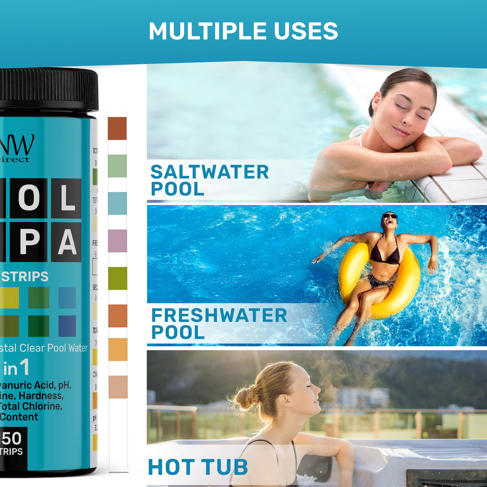 JNW Direct Pool Test Strips displayed next to swimming pool