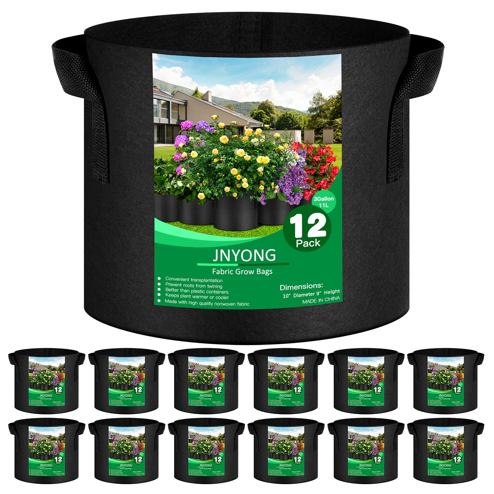 JNYONG 12-pack 3 gallon thickened non-woven grow bags with handles