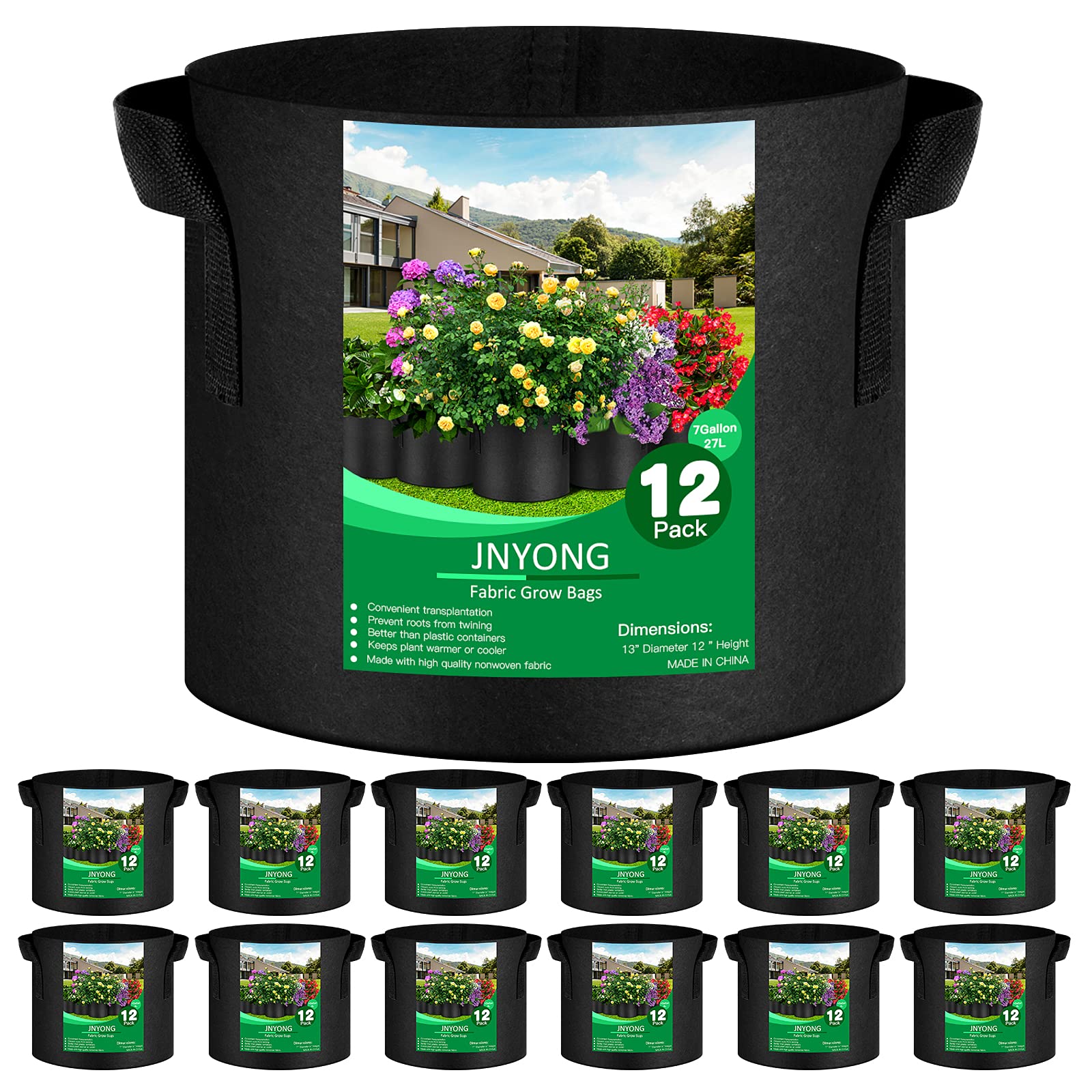JNYONG 12-pack 7-gallon grow bags black front view with handle