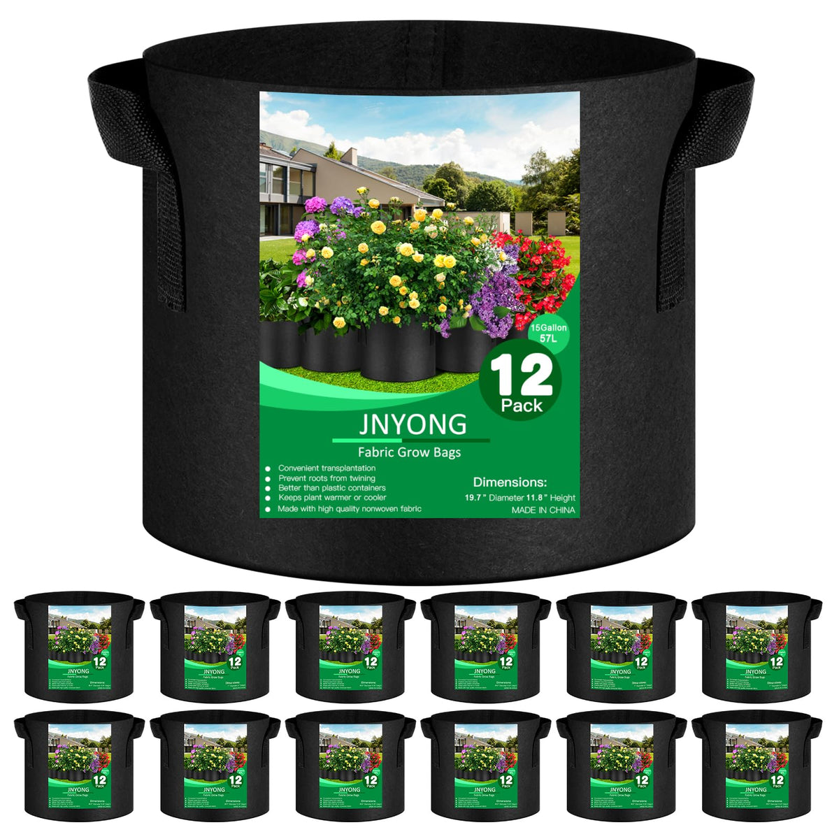 JNYONG 15 Gallon Thickened Non-Woven Grow Bag front view