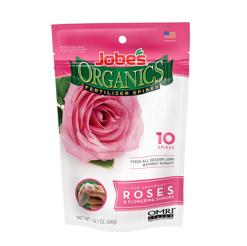 Jobes Organics Rose Fertilizer Spikes pack front view with green sticks
