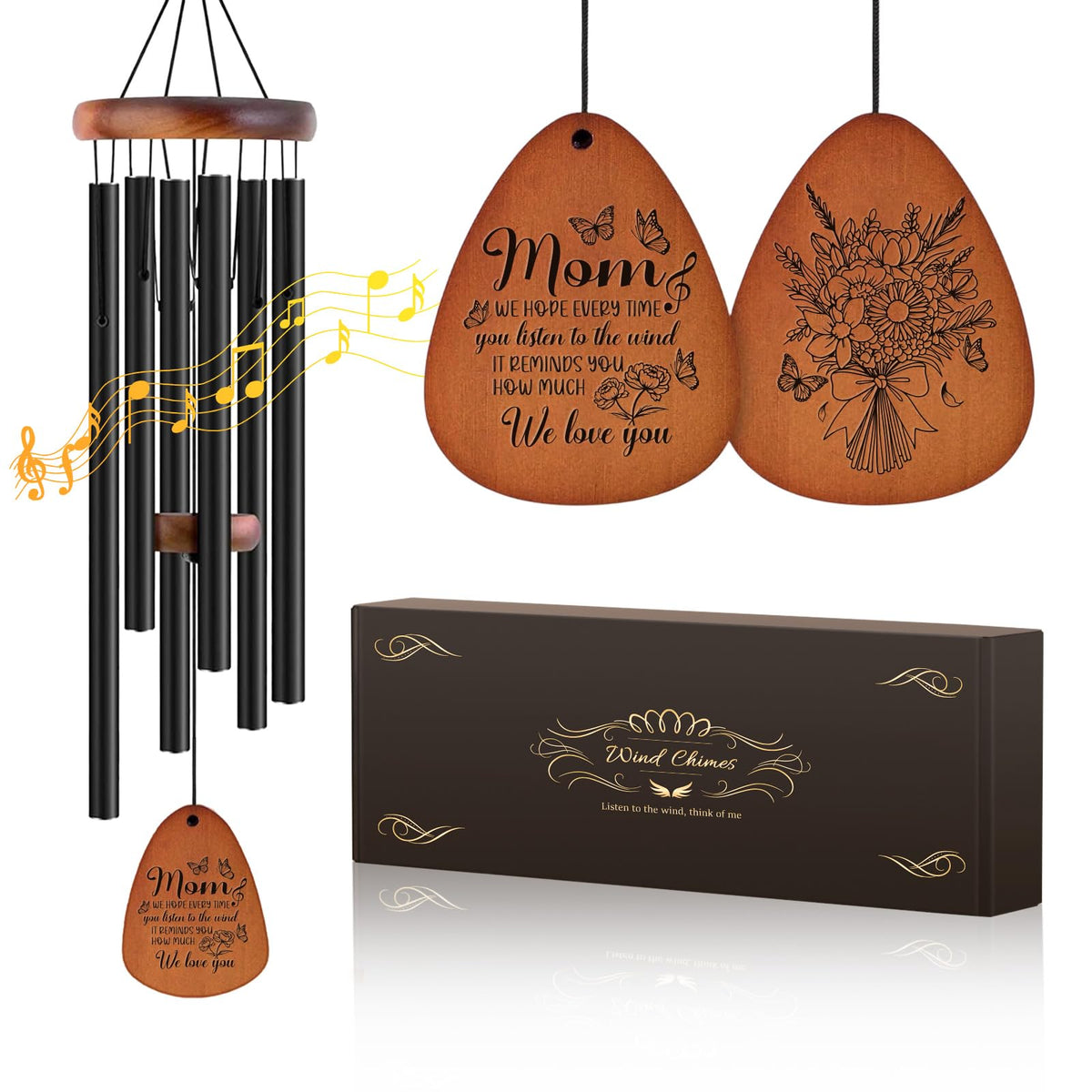 JOBOSI Mother's Bouquet Memorial Wind Chime with black tubes front view