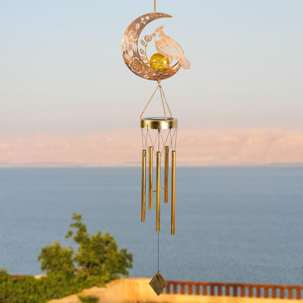 JOBOSI Solar Cardinal Wind Chime illuminated at night