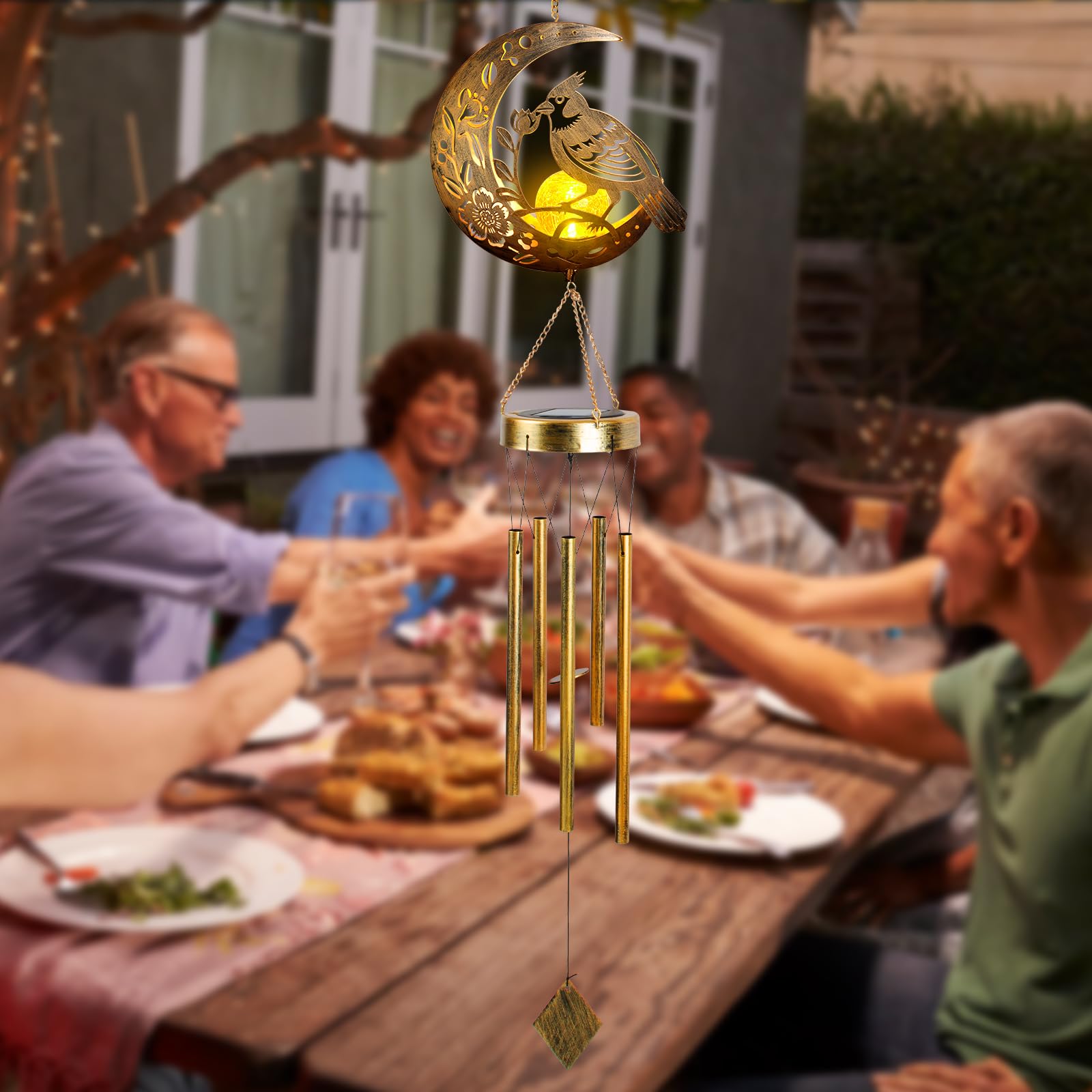 JOBOSI Solar Cardinal Wind Chime in outdoor garden setting