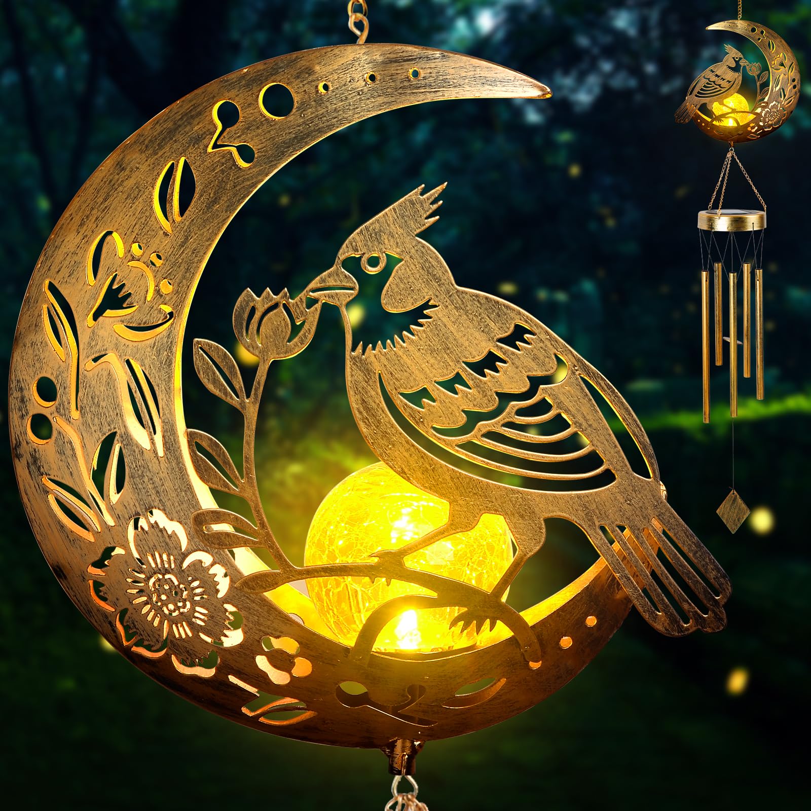 JOBOSI Solar Cardinal Wind Chime oversized hummingbird design front view