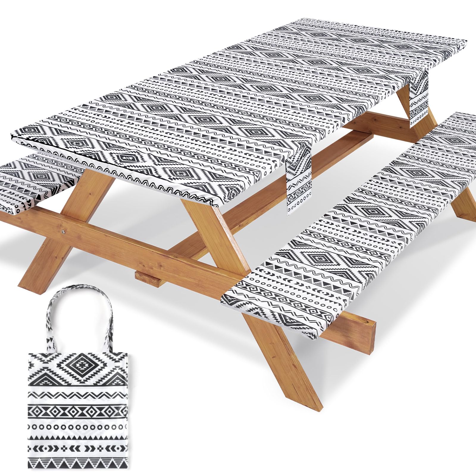 Jobunai Picnic Table Cover Set front view with black and white stripes